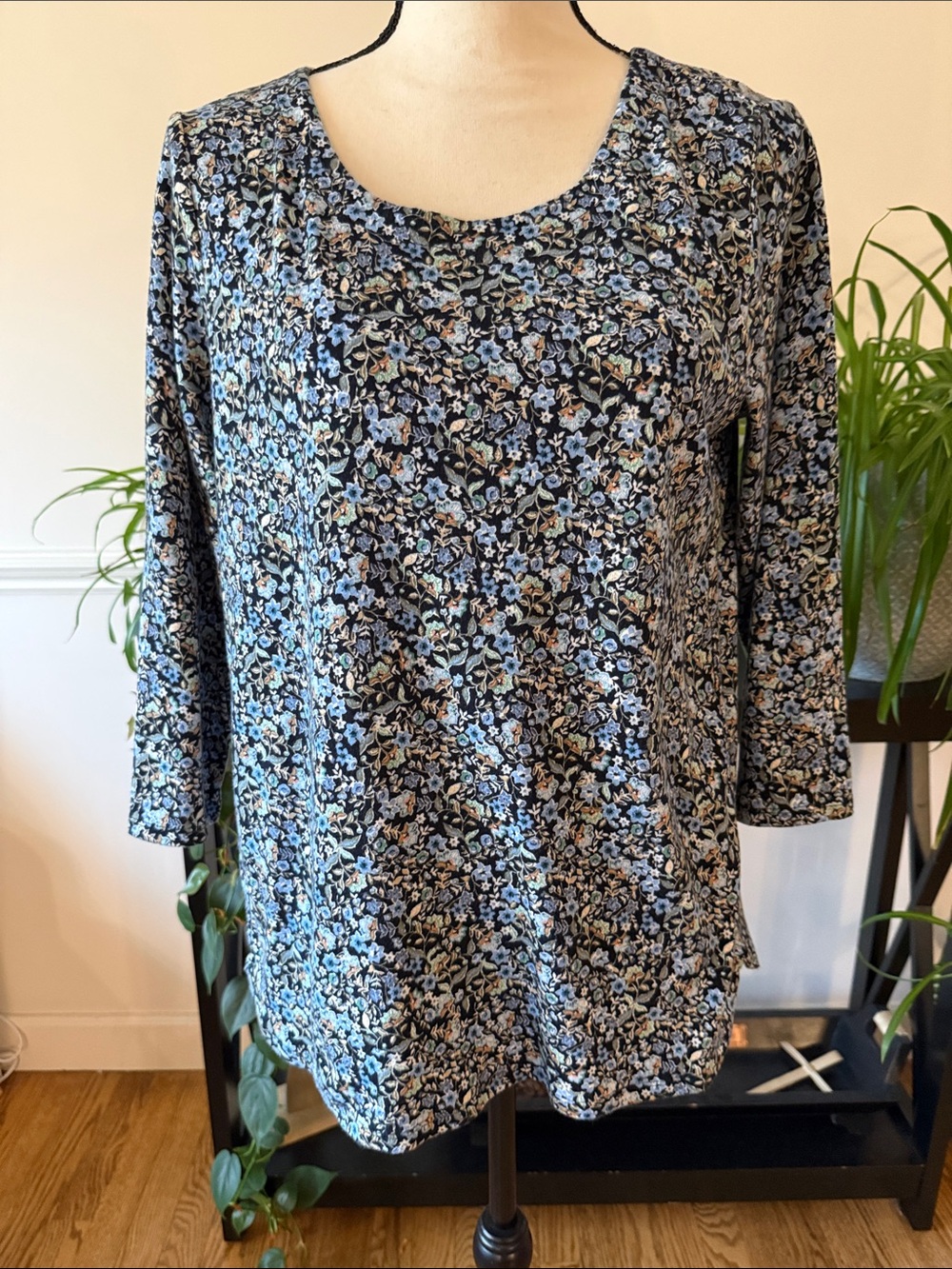 J. Jill Black Scoop Neck Top with Blue Floral Print
